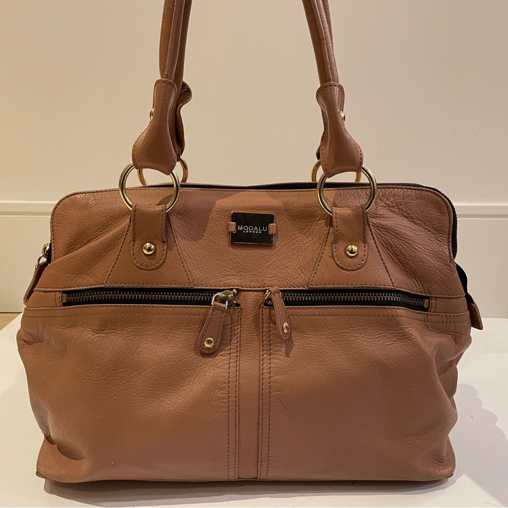 Modalu London Leather Satchel Tote, Warm Rose Tan, Triple Compartment